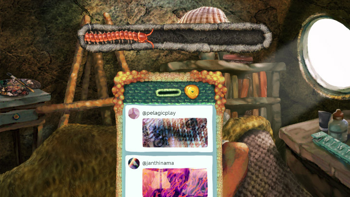 Bratavism screenshot of a squishy, splattered world with a coral-encrusted cellphone depicting alien social media images