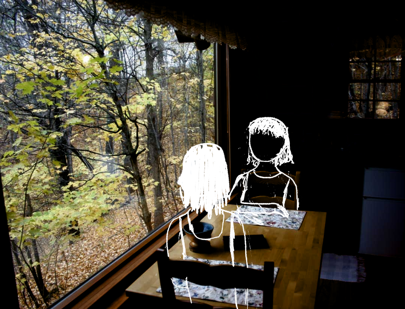 two sketchy characters sit at a table by a woodsy cabin window.