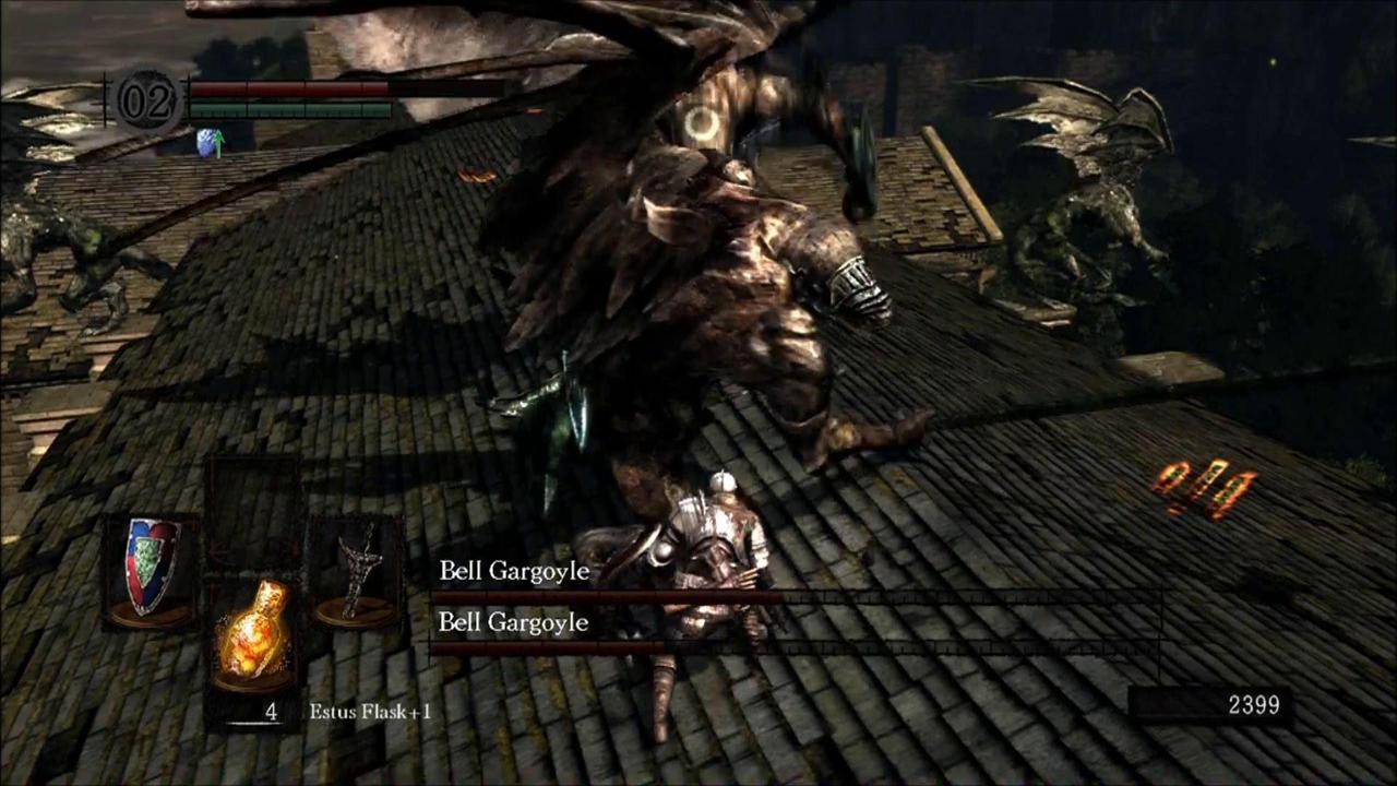 screenshot of rooftop battle with two living gargoyles wielding large axes