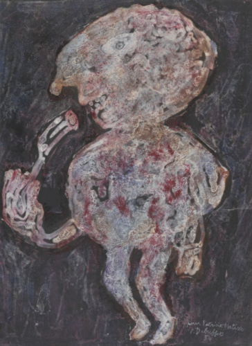 a rough, mottled oil painting of a blobby human figure holding a fork up to its mouth