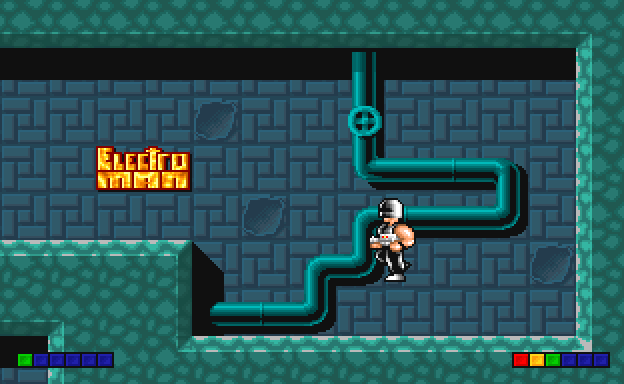 Electro Man in a blue cavern with a gray brick background and a blue industrial pipe. There's a bright yellow Electro Man logo on the wall