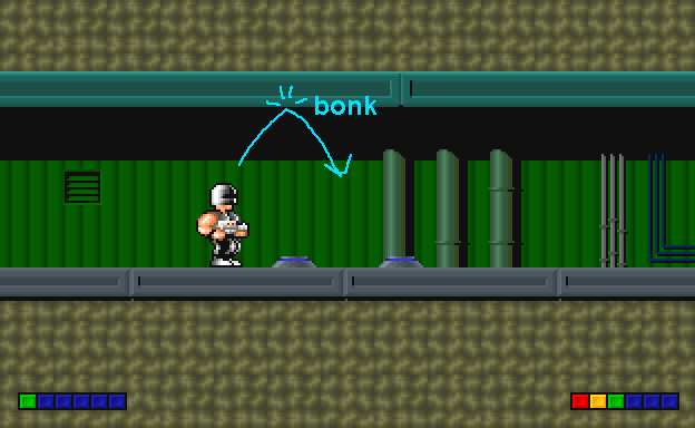 Electro Man in a brown rock cave with corrugated green walls. There are two land mines close together on the ground with an arrow showing how you'll bonk your head if you jump