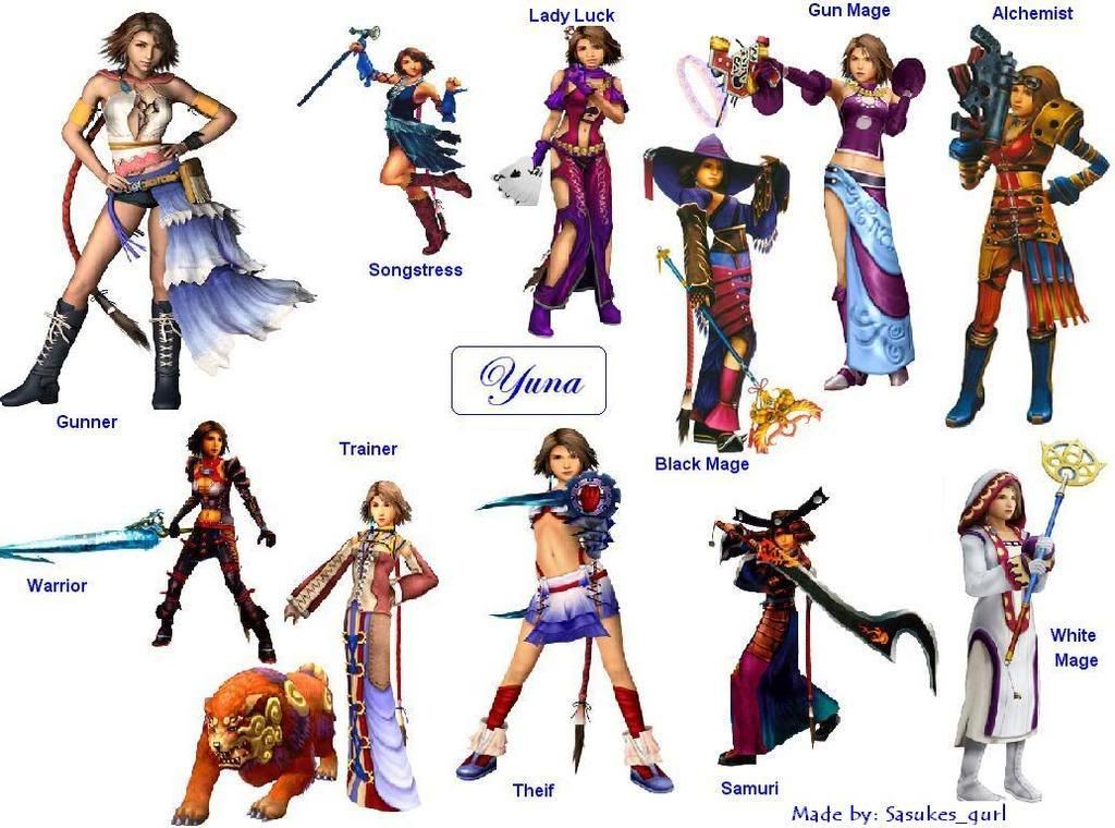 All of the various outfits that can be equipped by Yuna in Final Fantasy X-2, for example the modestly cloaked White Mage or the armored warrior