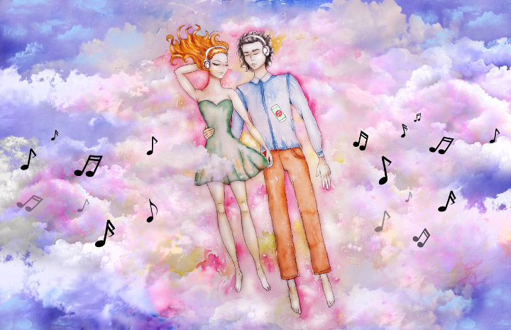 A drawing of a young couple wearing headphones and lying down together while floating in the clouds. It appears to be a mix of watercolor and digital editing.
