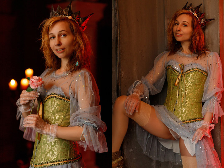 A diptych of Victoria posed as a Duchess in a crown and royal gown. On the left, she is simply standing and holding a rose. On the right she is leaning against a wall and pulling aside her skirt to reveal her panties.