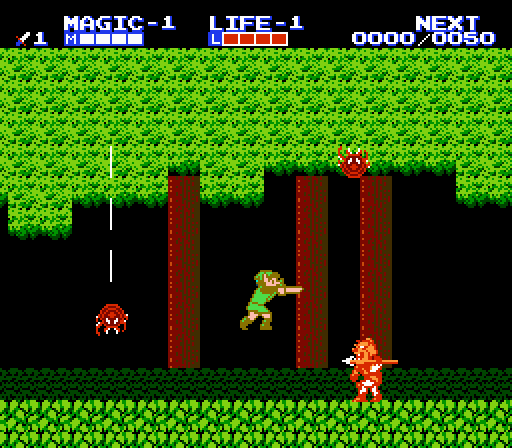 zelda 2 battle screenshot. 2D side view link fighting a moblin and spiders