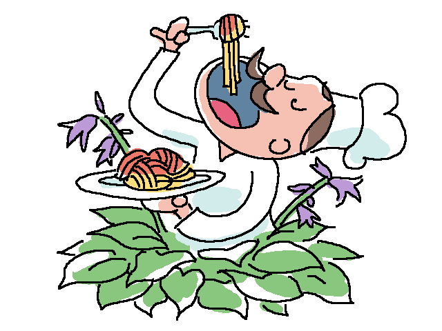 cartoon of a chef eating spaghetti in a green shrubbery with light purple flowers
