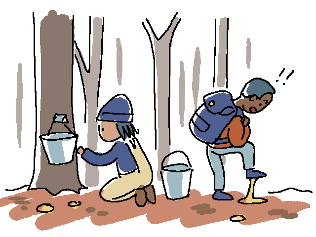 one person tapping trees for sap in the woods. a person walks by with a bag full of books and accidentally steps in sap.